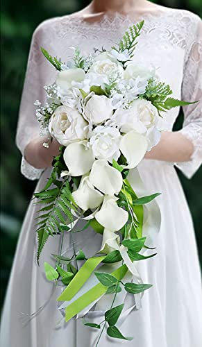 CAZARU Brautstrauß, künstliche Pfingstrose & Calla-Lilien-Hochzeitssträuße für die Braut, Elfenbein mit Blume für die Kirche, Vintage-Hochzeitszeremonie