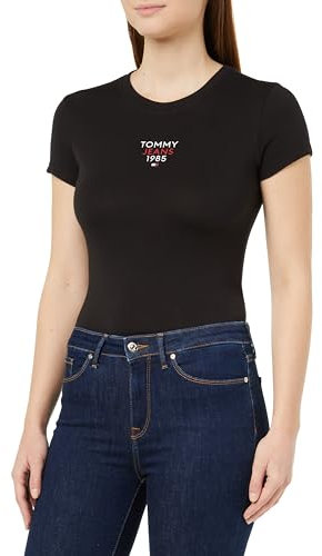 Tommy Jeans Damen T-Shirt Kurzarm Slim Essential Logo Rundhalsausschnitt, Schwarz (Black), XS