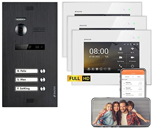 Nonic Balter EVO HD Schwarz/Weiß WiFi Video Türsprechanlage Set für 3 Familienhaus (1x Türstation mit Full HD-Kamera, 3X Touchscreen 7 Zoll Monitor, Smartphone APP, 2-Draht, 175° Weitwinkel)