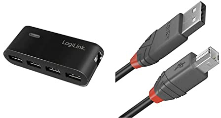 LogiLink UA0085 4-Port Hub USB 2 mit Netzteil,schwarz & Lindy 36671 0, 5m USB 2.0 Typ A an B Kabel, Anthra Line Anthrazit