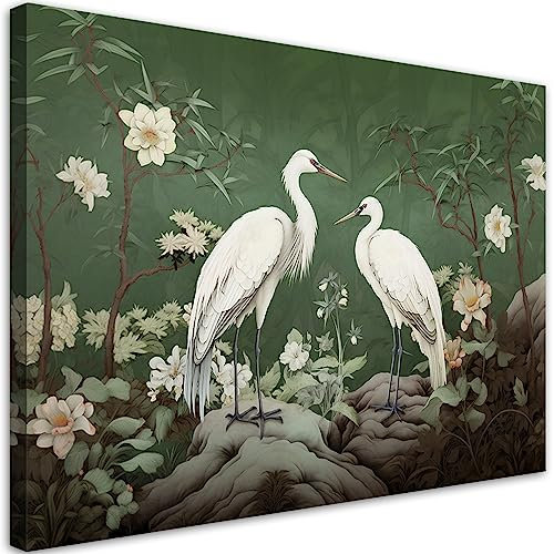 Feeby Bilder Pflanzen Blumen Reiher 120x80 cm 1 tlg Modern Leinwandbilder Bild auf Leinwand Kunstdruck Wand Bild Wanddeko Design Schlafzimmer Büro Flur Hotel Spa Wohnzimmer AI Zweige Natur Grün