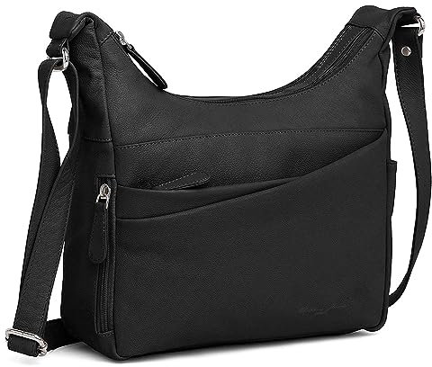 Hudson & James Designer-Umhängetasche aus echtem Leder für Damen, für den Alltag, Crossover, Cross-Body, Arbeit, iPad, Schultertasche, Schwarz , M