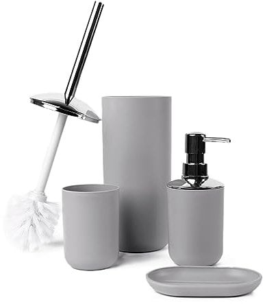 OHS Bathroom Accessories for Home, Bathroom Organiser Toilet Brush Set Soap Holder Dispenser Toothbrush Pot, Grey Bathroom Accessories Set Bath Gift Set