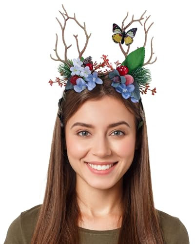 Makone Weihnachten Stirnband Rentier Ohren Geweih Stirnband, Frauen und Mädchen Weihnachten Haarschmuck für Weihnachten, Cosplay, Halloween, Foto Requisiten (prune branch)