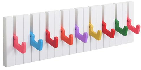 RICOO Garderobenhaken Wandhaken WM1885-L, Kindergarderobe Hakenleiste Klavier Design, Bunte Holz-Garderobenleiste, Modern & Klappbar, 9 Ausklappbare Haken für Kinderzimmer, Flur und Küche - 49x15x2cm