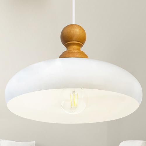 bamyum Androa Hängelampe Esstisch Weiß Metall Ø40 cm 1 flamming, Deckenlampe Weiß, Pendelleuchte Esstisch Holz Vintage Deckenleuchte Küchenlampe Hängend Vintage, Lampenschirm Hängelampe Wohnzimmer