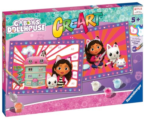 Ravensburger CreArt 5 Years Junior: Gabby's Dollhouse — Malen mit Zahlen für Kinder ab 5 Jahren, Malset mit 2 Brettern, ergonomischem Pinsel und Farben, 32x22 cm, Geschenkideen
