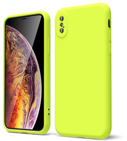 oakxco for iPhone X Case/iPhone 10 Xs Phone Case Liquid Silicone, Neon Bright Solid Color, Thin Slim Soft Rubber Gel Matte TPU Plain Simple Cover for Women Girl Cute, Neon Green