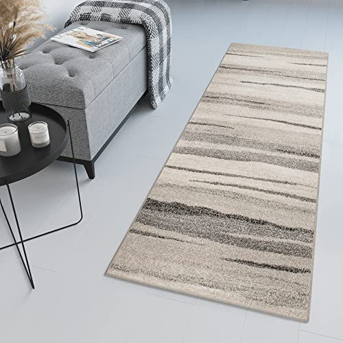 TAPISO Sari Teppich Läufer Flur Grau Beige Kurzflor Modern Streifen Meterware Brücke nach Maß Küche Wohnzimmer Schlafzimmer ÖKOTEX 100 x 300 cm