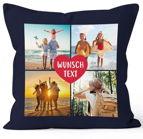 SpecialMe® Kissen-Bezug mit Foto-Collage 4 eigene Bilder und Wunschtext persönliche Geschenkidee personalisierbar Baumwolle Navy Standard