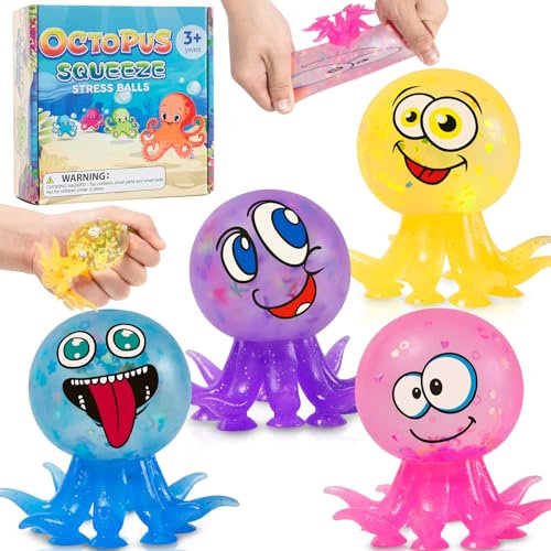 Wiederverwendbare 4 Stück Antistressball, Mini Duck Stressbälle, Knautschball für Kinder und Erwachsene - Stressball zum Kneten, Knetball für Hände Therapie (4 Stück Oktopus)