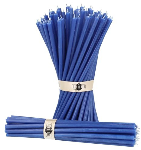 Danilovo Reine Bienenwachskerzen – tropffrei, rauchfrei, hohe, dünne Spitzkerzen – dekorative Kerzen für Kirchgebet, Deko oder Geburtstagskerzen – Honigduft Kerzen – 18,5 x 0,61 cm (Blau, 50 Stück)