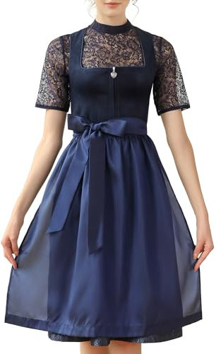 EIISSION Dirndl Damen midi Lang Dirndl Blau Trachtenkleid Trachtenrock Dirndl-Komplettsets Trachtenmode Trachten Damen mit 3 Teilig Schürze Dirndlbluse Oktoberfest Dresses Dirndlkleid 44