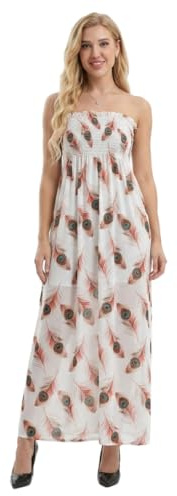Ladies Summer Wear Bandeau Neck Printed Maxi Sleeveless Long Casual Dress Womens Street Fashion Plus Size Floral Print Outfit Boobtube Sheering Maxi Dress (Peacock Print UK 12-14)