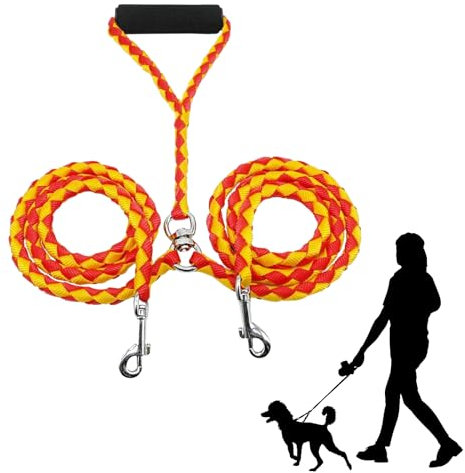 Dokeno Guinzaglio Doppio per Cani, Doppio Guinzaglio in Nylon, Guinzaglio Doppio per Cani Senza Grovigli, con Due Manici Imbottiti, Guinzaglio multifunzione per Due Cani Camminate 140CM (Arancione)
