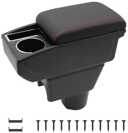 KAERGK Car Armrests for Renault Dacia Duster I 2010-2015, Centre Consoles for Car, Double Storage Space with Drink Holder, Easy Assembly, Comfortable and Durable Leather, Black (Red Line)