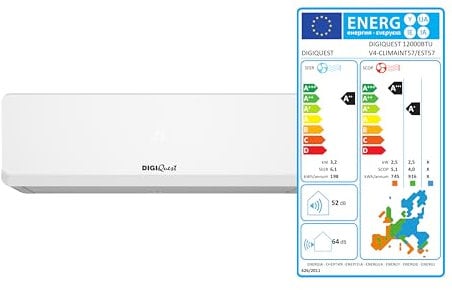 Climatizzatore Digiquest Inverter serie V4 | CLIMA00057 12000 BTU| R-32 | Wi-Fi | Classe A++/A+ | I FEEL | Timer | Funzione TURBO | Flusso d'aria 3D | Auto Restart | Modalità Notte | SEER 6,1|SCOP 5,1