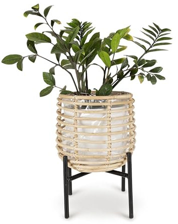 Olly & Rose Pflanzenständer aus natürlichem Rattan und Eisen, 24 cm Durchmesser, großer Pflanzgefäßständer, Pflanztopf für mittelgroße und große Pflanzen und Blumenarrangements mit Einsatz