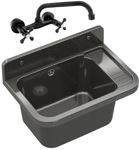 Granitan - Schwarzes Waschbecken Set - Retro Armatur - Polypropylen - Innen/Außen - Waschmaschinenanschluss - Küche & Werkstatt - Robust & Funktional - 50x34 cm