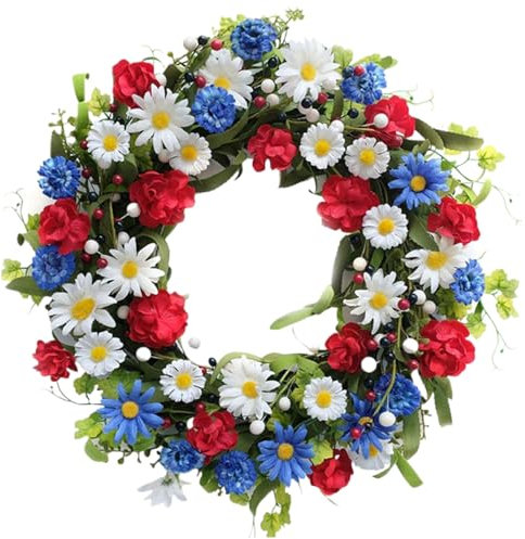 Independence Day Wreath 16in Patriotic Wreath Artificial 4th of July Wreaths with Red Blue White Flowers Hanging Decorative Memorial Day swag for Door Wall Window