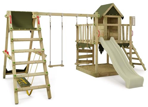 FATMOOSE Spielturm Klettergerüst JazzyJungle Jam XXL mit SurfSwing, Schaukel & Rutsche, Outdoor Kinder Kletterturm mit Sandkasten Leiter & Spiel-Zubehör für den Garten (Salbeigrün)