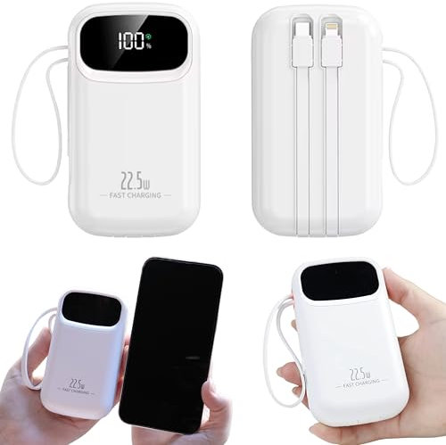 Batterie Externe Charge Rapide, 20 000 mAh, Charge Rapide, avec câbles USB et USB C, Batterie Portable pour iPhone, avec câbles intégrés, Compatible avec Samsung iPad MacBook Blanc