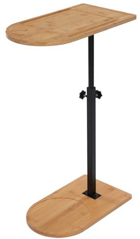 Tavolino a forma di C per divano, vasca da bagno, vassoio da tavolo, con fondo antiscivolo, girevole a 360°, altezza regolabile, tavolo in bambù, bordi rotondi, apertura per bicchieri grandi