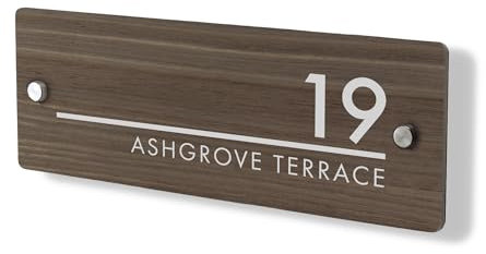 Personalised House Number Plaque 297mm x 100mm Wood Effect Address House Sign Door Number Plate Contemporary Modern Printed Address Signage With Hidden Fixings Waterproof & Scratch-Resistant