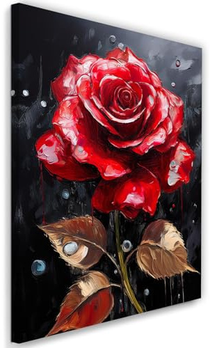 Feeby Wandbild - Wohnzimmer Modern Deko - Rote Rose Regentropfen - 40x60 1tlg - Bilder Leinwand - Bild auf Leinwand Schlafzimmer - Leinwandbilder für die Wand - Canvas Painting - Fotokunst