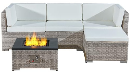 AFURNI Rattan Fire Pit Garden Furniture Sets,5 pieces Rattan Fire Pit Table Set,40,000 BTU Gas Firepits with Steel Lid, CSA Safety Certified