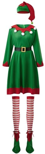 Feclmiyt Weihnachtselfenkostüme für Damen, Deluxe-Weihnachtsmann-Helfer-Kostüm-Set, Weihnachtsbaum-Thema, Elfen-Outfit für Urlaub, Party, Verkleiden (T-01, M)