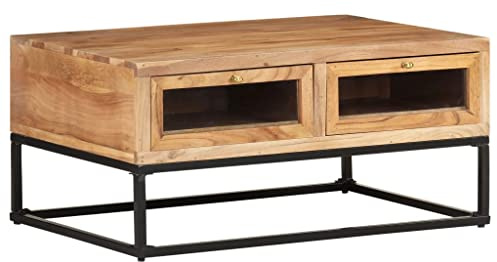 Bucmath Couchtisch 90x60x40 cm Massivholz Akazie, Industrial Design mit 2 Schubladen, robuster Wohnzimmertisch aus Holz, stabile Stahlbeine, einzigartige Maserung