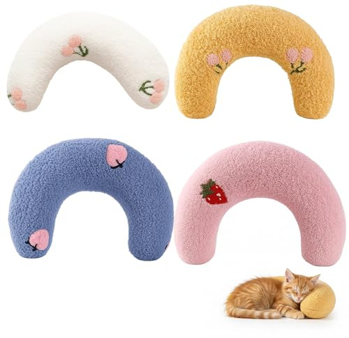 GakQll 4er Set Baldrian Kissen Für Katzen, Katzenminze Kissen, Beruhigende Haustierkissen Für Gestresste, U-Form Kissen 27 x 17 x 6 cm In Gelb Blau Rosa Weiß