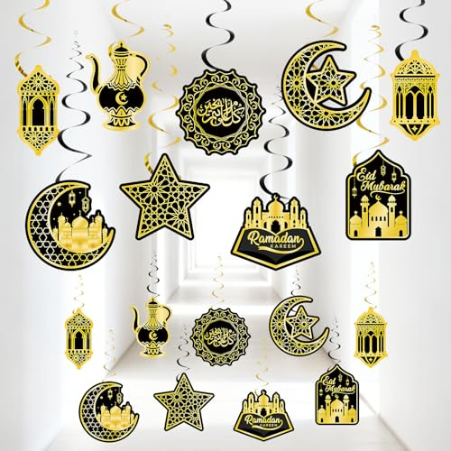 30 Stück Ramadan Mubarak Dekorationen, Eid Mubarak hängende Spiralen,Glitzernder Mond Sterne Moschee Folien Aufhängen Spiral für Ramadan Eid-Al-fitr-Party Deckendeko(schwarzes Gold)