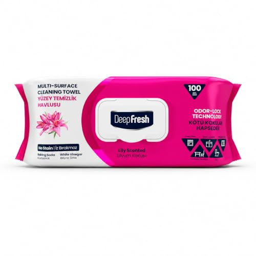 DeepFresh Lilium Scented Multi-Surface Wet Wipes, 100 Pieces, Large Cleaning Wipes for Floors, Kitchen, Bathroom, Office and Home