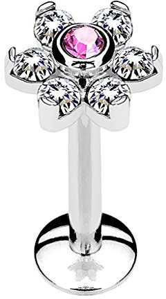 Piersando Piercing Stab Stecker Edelstahl Blüte mit Kristallen Lippen Lippe Labret Lippenpiercing Ohr Tragus Ohrpiercing Helix Nase Intim Zungen Nasen Silber 6mm Clear Pink