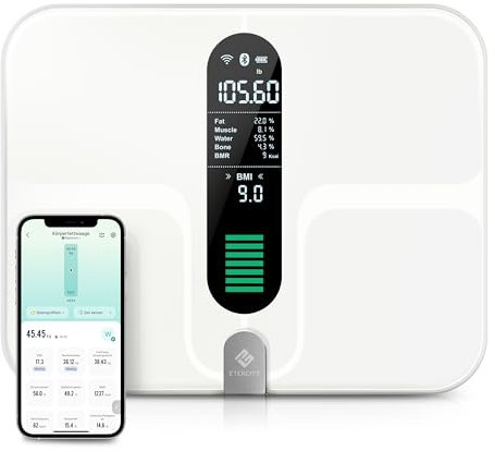Etekcity Körperfettwaage WLAN, Smart Waage Personen mit Körperfett und Muskelmasse Personenwaage digital für Körperfett, Extragroße Oberfläche mit USB-Ladekabel überwacht 13 Körperwerte, 180 kg