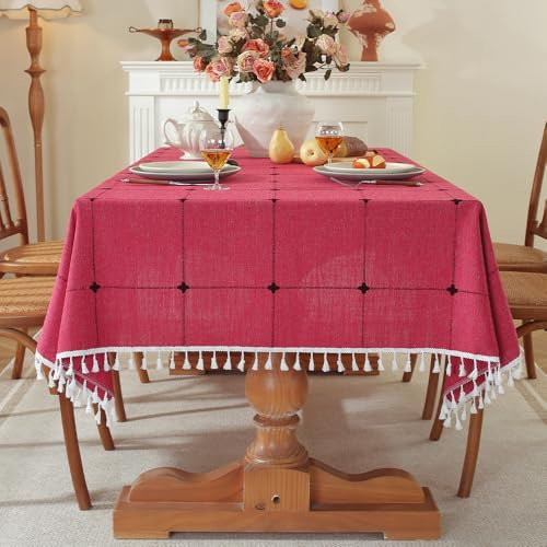 Pahajim Tischdecke Rechteckig Baumwolle Leinen Tischdecke Abwaschbar Elegante Karierte Tischdecke mit Quasten Küchentischabdeckung für Speisetisch,Outdoor(Rot, 140 x 180 cm)