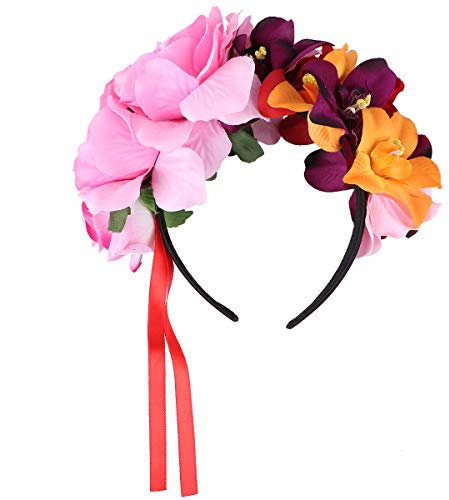 Minkissy Halloween Rose Flower Crown Mexikanisches Stirnband Haarkranz Dia de Los Muertos Tag der Toten Kopfbedeckung Halloween Party Haarschmuck