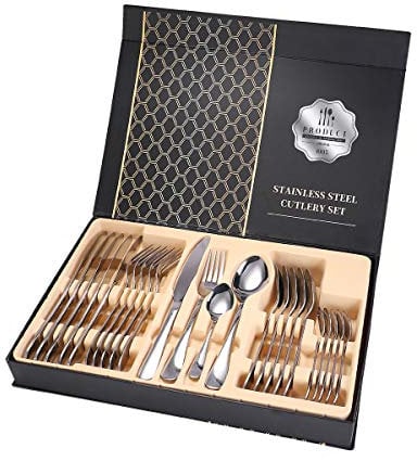 Ben & Bel - Cubertería de 24 piezas para 6 personas - Juego de vajilla de acero inoxidable con cuchillo, tenedor y cuchara con caja de regalo - Fácil de limpiar y apto para lavavajillas