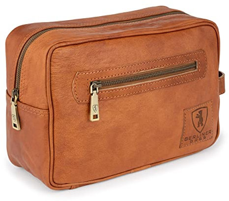 Berliner Bags Vintage Kulturbeutel Paul, Große Kulturtasche, Waschtasche aus Leder, Kosmetiktasche für Damen und Herren zum Reisen - Braun