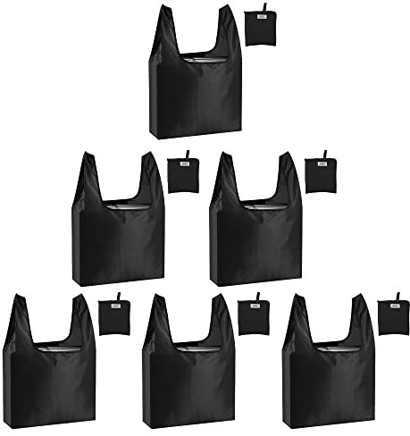 CiCiGo Große Wiederverwendbare Einkaufstaschen, Waschbar, Faltbar, 6 Stück, Strapazierfähig, Leicht, Faltbar, Geschenk-Tragetaschen, Strapazierfähiges Polyester, Schwarz