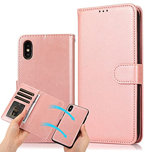 SUMOON iPhone Xs Wallet Case Detachable Magnetic Phone Case Shockproof iPhone X Case with Card Holder Strap Stand Function Mens Leather Wallet Women Purse Case Pink