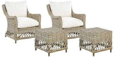 Gartensessel mit Hocker Rattan natürlich 2er Set Auflagen cremeweiß Boho Ribolla