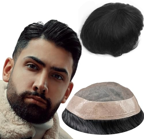 YANAHAIR Toupee for Men men hair pieces Mono Toupee Human Hair Replacement System 100% European Real Human Hair Men Lace Hair System Fine Mono Lace with PU Around (#1B Off Black, 7x9)