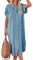 CUPSHE Dress for Women Bell Sleeve Button Down Dress Short Sleeve V Neck Casual Long Shirt Dresses Blue XL