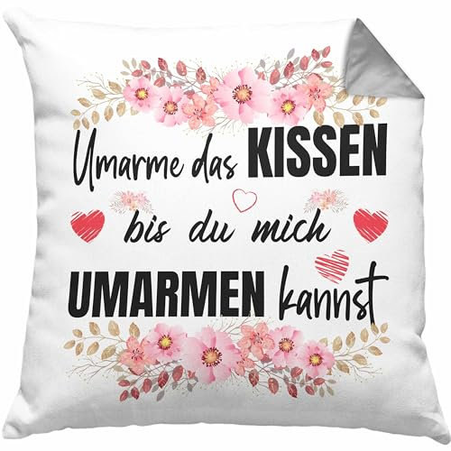Trendation Umarme Das Kissen mit Füllung 40x40 Geschenk Freundin Fernbeziehung Geschenkidee Freund Liebe Valentinstag (Grau)