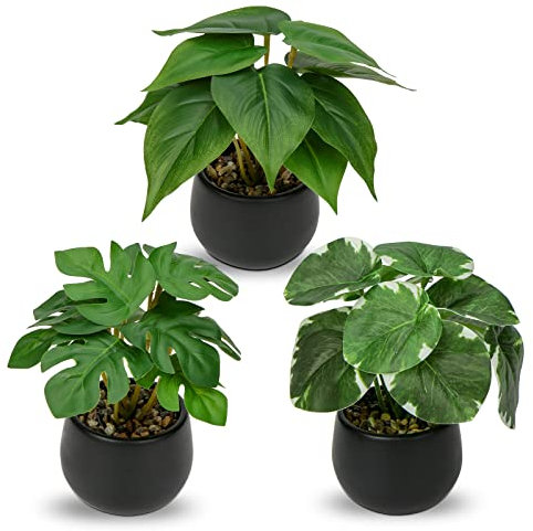 Briful Set of 3 Small Fake Plants in Ceramic Pot, Monstera Faux Potted Plants, Pilea Artificial Plants Scindapsus Aureus Plants Artificial for Home Kitchen Bathroom Decor