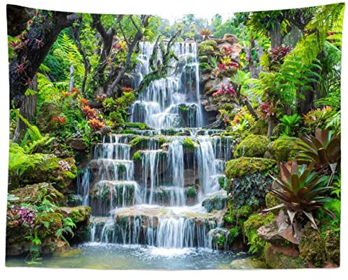 BELECO Wandteppich mit Wasserfall-Motiv, Motiv: Wald, Garten, Berg, Felsen, fließendes Wasser, Landschaft, grüne Pflanzen, Bäume, schöne Natur, Wandteppich für Zuhause, Schlafzimmer, Wohnzimmer,