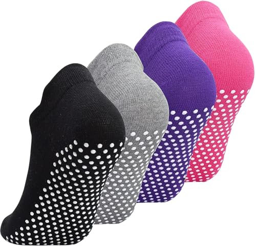 GRPSKCOS Yoga Socken Stoppersocken Damen, 4 Paare Antirutschsocken, Rutschfeste Slipper Socken für Yoga, Pilates, Tanz, Krankenhaus, Zuhause, Workout, Sport(01 Schwarz+Grau+Rose+Lila,35-40)